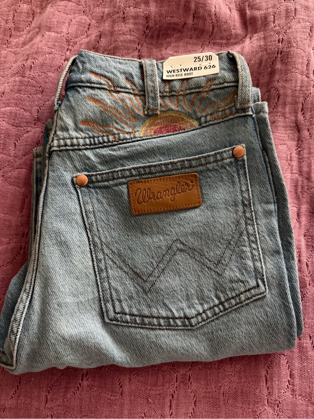 Wrangler Women's Light Blue High Rise Boot Jeans with Sun Embroidered Waist